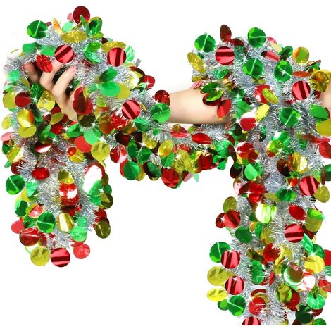 Guirnalda navideña plateada de 10 m con bolas rojas, verdes y doradas, guirnalda metálica brillante, guirnalda gruesa y reluciente para árbol de Navidad, invierno, bodas, cumpleaños, fiestas y decorac