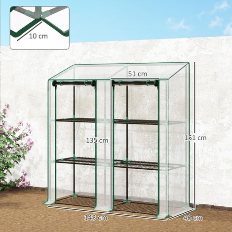 Mini serre, 3 niveaux, 6 étagères grillagées, 2 ouvertures, bâche plastique transparente