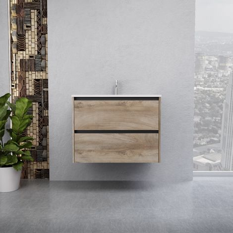 Inda - Badezimmerschrank 2 Schubladen B.80 mit glänzendem Waschbecken / Natureiche - Smeraldo
