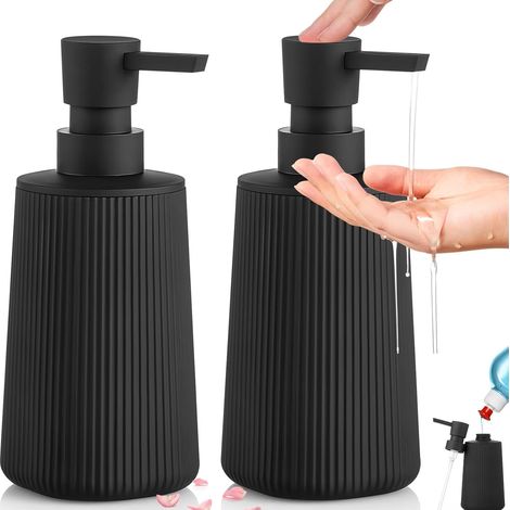 2 distributeurs verre cannelés 350 ml noirs avec pompe, rechargeables pour vaisselle, shampoing ou lotion, plan de travail (1/5)