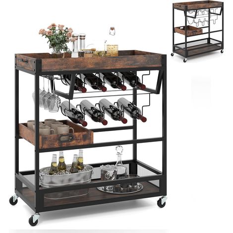 3-Tier Kitchen Serving Cart, Home Bar Cart Trolley with Wine Rack, Glass Holder, Removable Tray & Handles, Rolling Drinks Trolley on Lockable Wheels