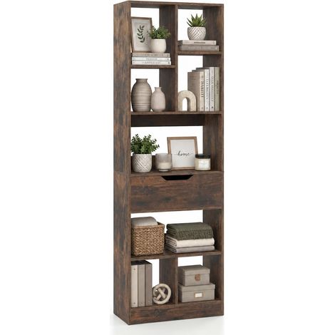 Bibliothèque, 8 Casiers Ouverts & Tiroir, 50x24x155cm, Industriel Étagère à Livres, Kits Anti-Basculement, Meuble Rangement en Bois, Armoire d'Affichage (1/3)