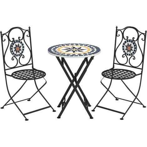Salon de jardin 3 pièces avec table ronde, chaises pliantes et motif mosaïque géométrique, multicolore (1/5)