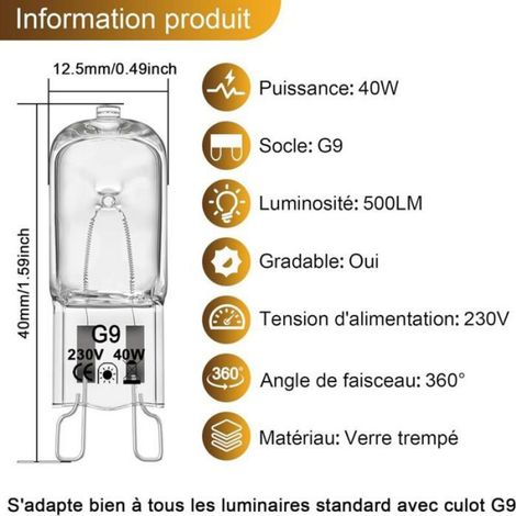 Ampoule halogène G9 pour four - - 40W - 230V - Tolérance 300°C - Lot de 4 - Installation facile (1/4)