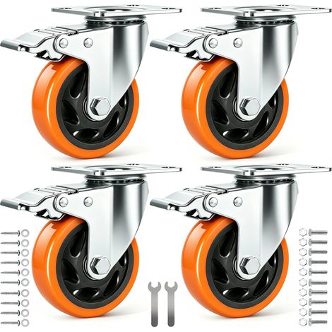 100mm Roulette Pivotante avec Frein, Lot de 4 Roulettes pour Meubles Jusqu'à 600KG, 360 Degrés Roulettes Charge Lourde avec Double Blocage Polyuréthane Roue de Transport (avec Vis)-100MM (1/5)