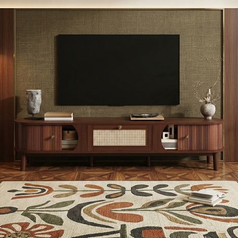 Meuble TV avec 2 Portes Coulissantes et Tiroirs en Rotin, Meuble de Rangement pour Salon, Style Campagnard, 170x39.5x38cm (1/5)
