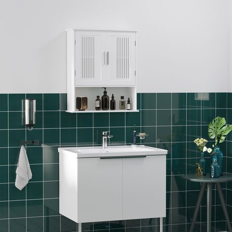 Wandhängender Badezimmerschrank mit verstellbarem Einlegeboden, Doppeltür und offenem Fach, 60 x 20 x 70 cm, weiß