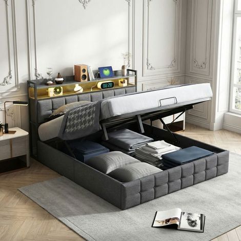 Letto con contenitore 140x190 cm - LIT-140-GRIS-HYDRAULIQUE-LED - Tessuto grigio effetto lino - Idraulico - Testata letto USB-C, USB e LED (1/5)