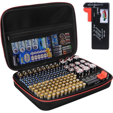Caja para guardar pilas con comprobador - Capacidad para 200 pilas - Gran capacidad - Compatible con pilas AA, AAA, C, D y de 9V (1/5)