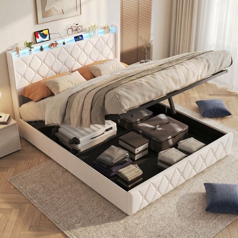 Lit coffre double 140x200 cm, lit adulte avec LED RGB et station de charge, lit capitonné en velours avec sommier, style moderne, Beige (1/5)