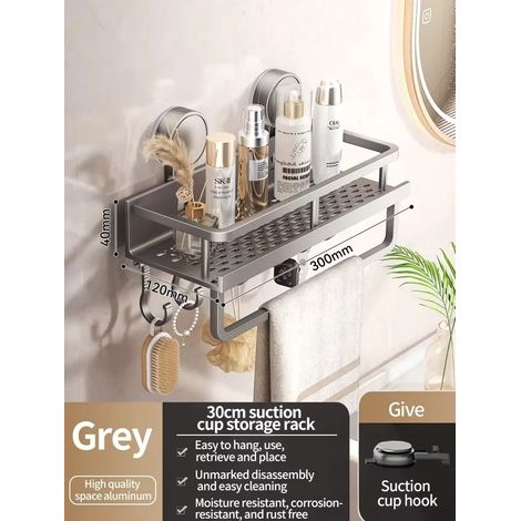 Étagère de rangement murale pour salle de bain (tige grise de 30 cm) avec ventouses puissantes, organisateur en aluminium sans perçage pour les articles de toilette et de douche. (1/5)
