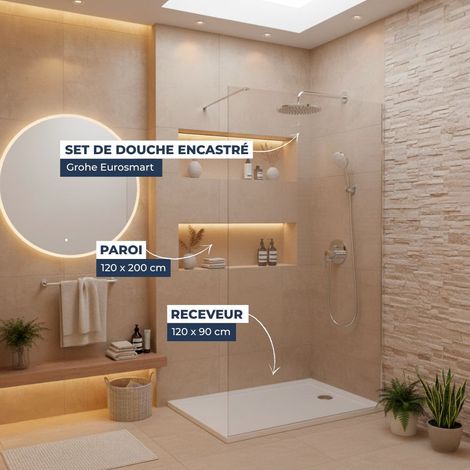 Pack Ducha COMPLETO – Mampara Walk-In 120x200 Cromo + Set Grohe Eurosmart 2 Chorros + Plato Mármol Blanco 120x90 (1/5)