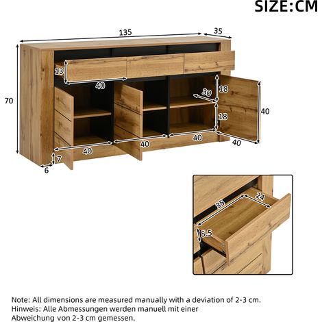 Buffet 135×35×70cm en panneaux de particules, commode moderne pour salon, meuble à 9 compartiments de rangement, meuble d'appoint couleur bois naturel avec 3 tiroirs et compartiments. (1/4)