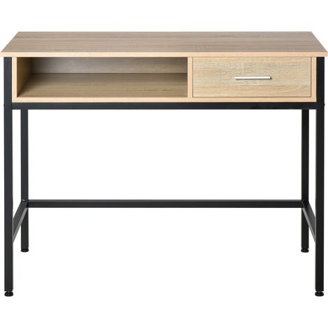 Schreibtisch im Industriestil mit Stauraum, Computertisch mit Schublade, schwarzes Metallgestell, helle Eichenholzplatte
