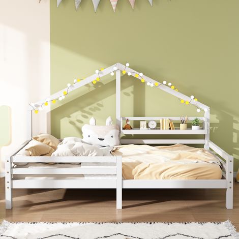 Lit maison pour enfant avec étagère de rangement, forme cheminée, 90x200, blanc (1/5)
