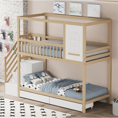 Letto a castello 90x200 cm legno naturale con cassetti e scala (1/5)