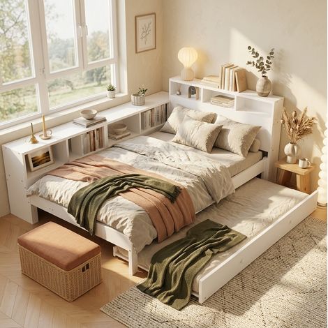 Lit gigogne 120x200 cm blanc en bois avec rangement latéral et station de charge (1/5)