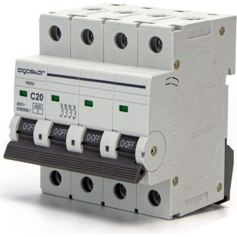 Disjoncteur automatique à fusibles 4P, 20 A, 6 kA, 74,5 mm x 71 mm x 81 mm, blanc