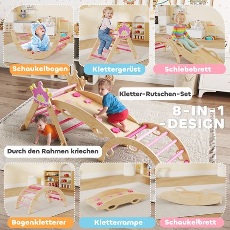 Structure d'escalade multifonction 8 en 1 pour enfants, thème princesse, avec toboggan, pente et arche en bois. (1/4)