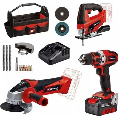 Einhell – Pack de 3 outils électroportatifs 18V – Perceuse-visseuse TE-CD 18/40 Li, meuleuse TC-AG 18/115 Li, scie sauteuse TC-JS 18 Li – Batterie 4Ah incluse – Sac de transport