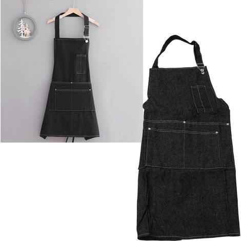 Tablier en toile de coton pur denim, ceinture haut de gamme, vêtements de travail surdimensionnés et résistants à l'usure, 3003 noir. (1/5)