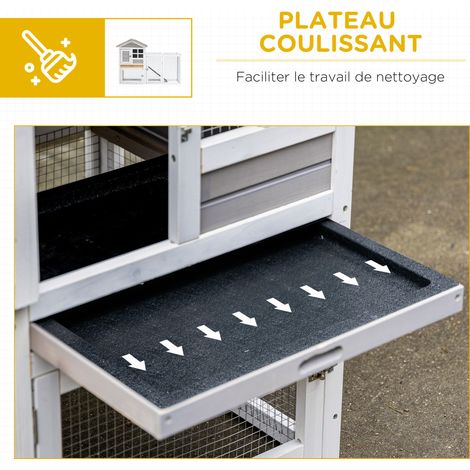 Clapier cage à lapins cottage - niche supérieure avec rampe et enclos extérieur - plateau coulissant, toit (1/5)