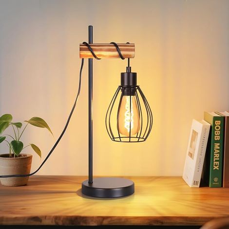 GBLY Tischlampe Wohnzimmer Vintage Tischleuchte Holz: Schwarz Nachttischlampe 1 flammig im Industrial Design aus Metall E27 Fassung Retro Nachttischleuchte für Schlafzimmer Hotel - ohne Leuchtmittel (1/5)