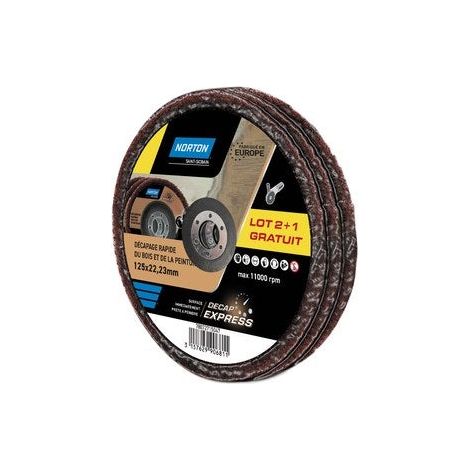 Norton – Lot de 3 disques décapants pour bois et vernis 125 x 22,23 mm – Grain assorti – Fixation auto-agrippante – Pour meuleuse
