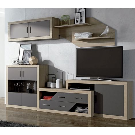 Ensemble de salon, meuble TV, meuble haut + set de 2 étagères + buffet + meuble bas coloris chêne cambrian, graphite -PEGANE-