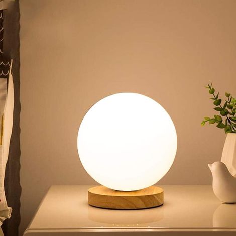 Lampe de Chevet Boule Blanche en Bois E27, Design Moderne Minimaliste, Lampe de Table Décorative pour Chambre Salon Bureau Lecture (1/3)