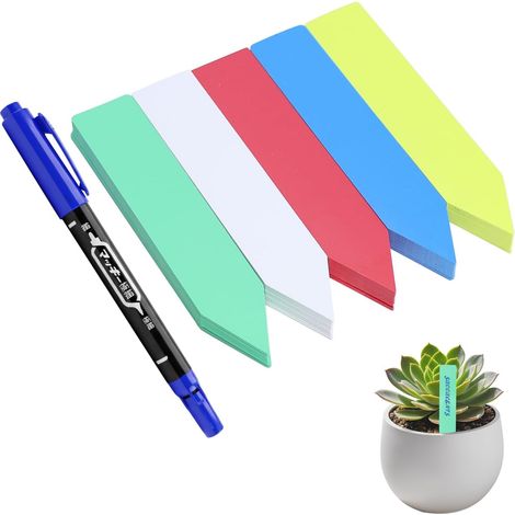 Set of 100 Plastic Plant Labels, 10 x 2 cm, Assorted Colours with 1 Pen, Weather and Reusable, Seedling Labels for Vegetable Gardens, Orchards, Greenhouses (1/5)