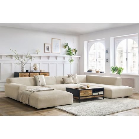 Bobochic – Canapé d'angle panoramique fixe 6 places – Revêtement velours beige – Longueur 399cm – Confort optimal avec assise mousse HR (1/5)