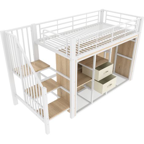 Hochbett 90 x 200 cm weiß aus Metall und MDF mit 2 Schubladen, offener Ablage und LED (1/5)