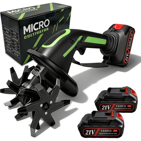 Electric Tiller, 21V Electric Tiller with 2 Batteries 3000 mAh Electric Hoe with 4 Metal Blades Working Width 10 cm Working Depth 10 cm 235 RPM (1/5)