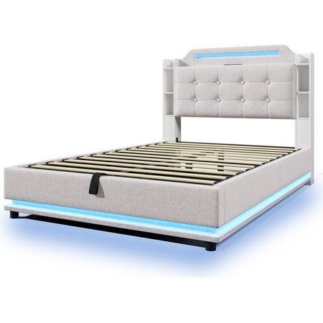 Letto capitonné 140 x 200 cm in lino beige con LED, contenitore idraulico, USB e Type-C, HOMVRA (1/5)