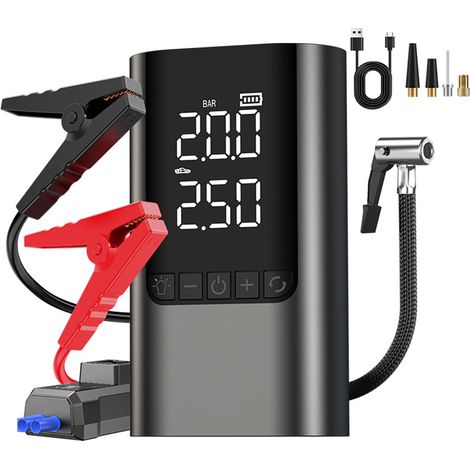 Démarreur de secours pour voiture avec pompe à air, kit de démarrage d'urgence 12 V, batterie externe portable de 10 000 mAh avec lampe LED, pinces intelligentes, sac en EVA (1/5)