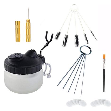 Kit de nettoyage aérographe avec pot de lavage, support stylo, bocal, aiguille buse, poils nylon, brosses, éponges et filtres