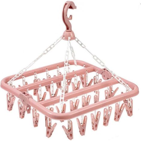 Portant à vêtements suspendu avec 32 pinces roses, résistant au vent, pour chaussettes/sous-vêtements (1/5)