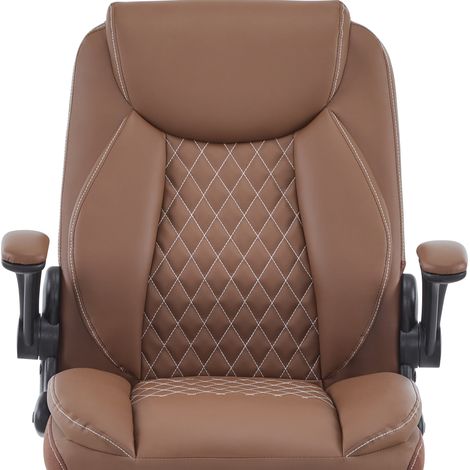 Silla de oficina ergonómica marrón de cuero con soporte lumbar y reposabrazos abatibles (1/5)