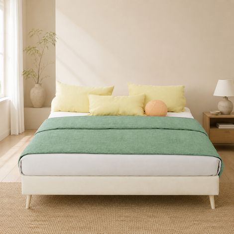 Cama 140 x 200 cm, estructura de cama baja de terciopelo beige con somier de láminas, DESVIAE (1/5)