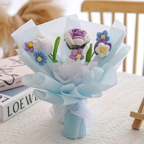 Handgestrickter künstlicher Blumenstrauß mit Geschenkpapier, ideal für Hochzeiten, Tischdekoration, romantische Geschenke, Partys, Zuhause, als Tischdekoration, Wollblumen, handgefertigt. (1/4)