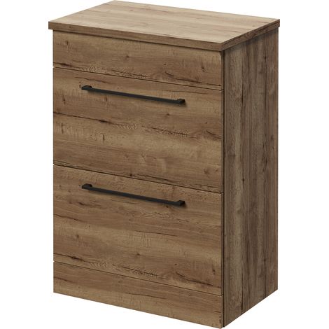 Napoli 390 Tobacco Oak 600mm 2 Drawer Vanity Unit for Countertop Basins - 600mm - Matt Black 320mm Handle