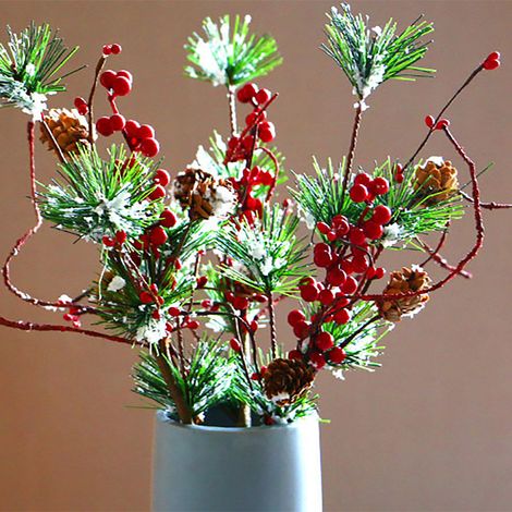 Lot de 3 branches de pin artificielles enneigées de 45 cm, avec aiguilles et pommes de pin rouges, pour décorer un vase à Noël. (1/5)