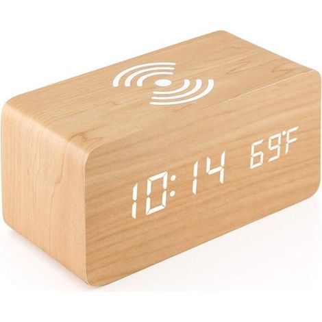 Réveil LED avec chargeur sans fil, horloge de bureau numérique en bambou, station de charge sans fil, affichage lumineux blanc, pour étudiants et bureau (1/5)