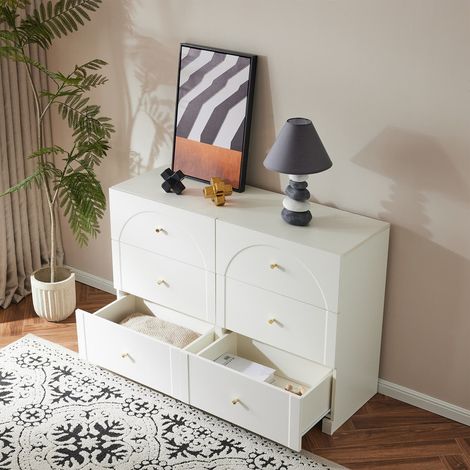 Commode 6 tiroirs blanche avec rangement – Meuble de rangement pour salon et chambre – 120 × 40 × 82 cm (L × P × H)