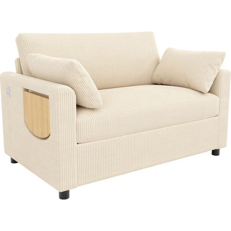 ELVMI Divano letto 2 posti con tavolino ribaltabile, porte USB e USB-C, cuscini, in velluto a coste beige (1/5)