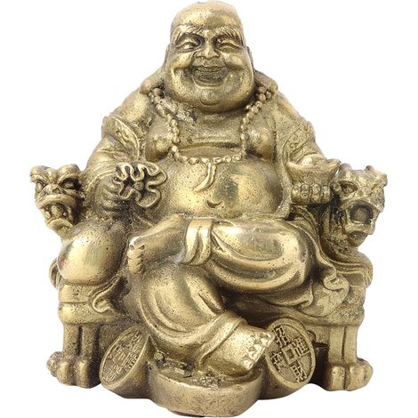 Bouddha Maitreya souriant en laiton massif - symbole porte-bonheur de richesse et chance - statue geomantique de collection (1/5)
