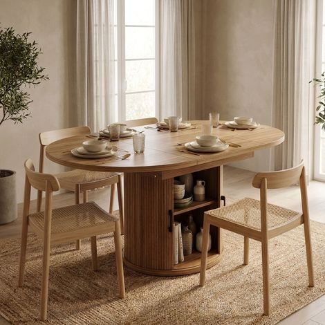 Table ronde extensible 120-160 cm avec placard intégré décor noyer (1/5)