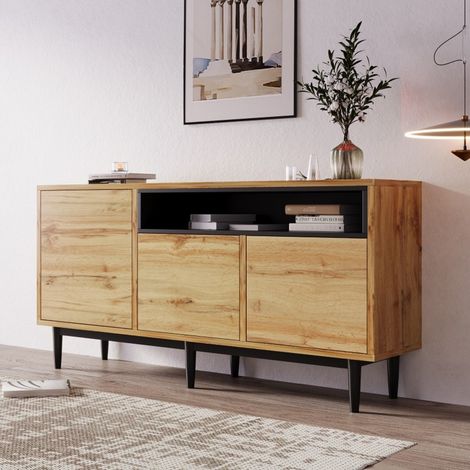 Buffet Moderne 160cm En Bois Natural - 3 Portes, Étagères - Design Peu Encombrant & Robuste (1/5)