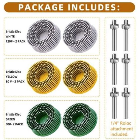 Lot de 6 disques à poils de 5 cm, grain 50 lb, 80 lb, 120 lb, avec tige de 6,35 mm, pour enlever les revêtements abrasifs sur métal (1/3)